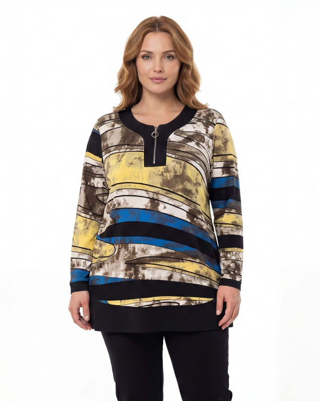 Μακριά εμπριμέ τουνίκ σε μεγάλα μεγέθη με φερμουάρ στο ντεκολτέ και πολύχρωμο ριγέ σχέδιο σε κίτρινες και μπλε αποχρώσεις, σε μπροστινή όψη.