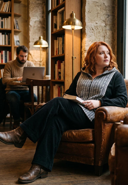 Γυναικεία ζακέτα με κουκούλα σε plus size, με μαύρο χρώμα και ασπρόμαυρο σχέδιο μπροστά, σε καθιστή λήψη μέσα σε ζεστή καφετέρια.