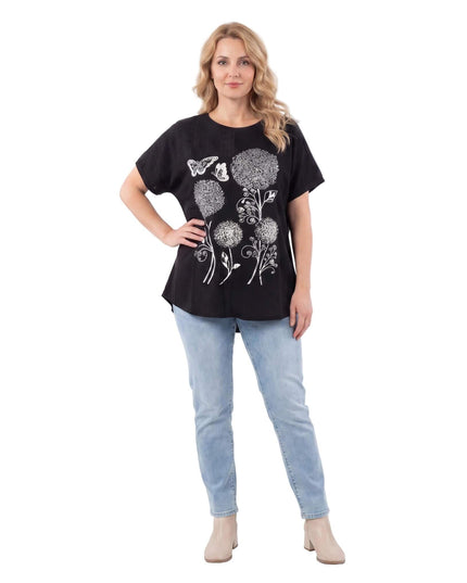 Μαύρη καλοκαιρινή μάξι τουνίκ με εντυπωσιακό απλικέ λουλουδιών