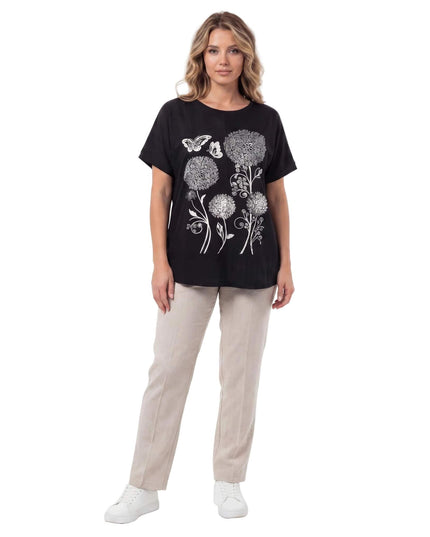 Μαύρη καλοκαιρινή μάξι τουνίκ με εντυπωσιακό απλικέ λουλουδιών