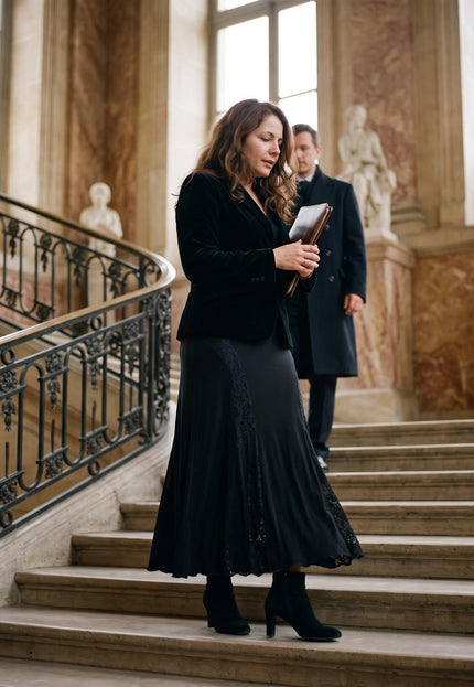 Ολόσωμη λήψη με μαύρη μίντι φούστα με δαντέλα για καμπύλες, συνδυασμένη με μαύρο σακάκι, καθώς κατεβαίνει μια εσωτερική μαρμάρινη σκάλα.