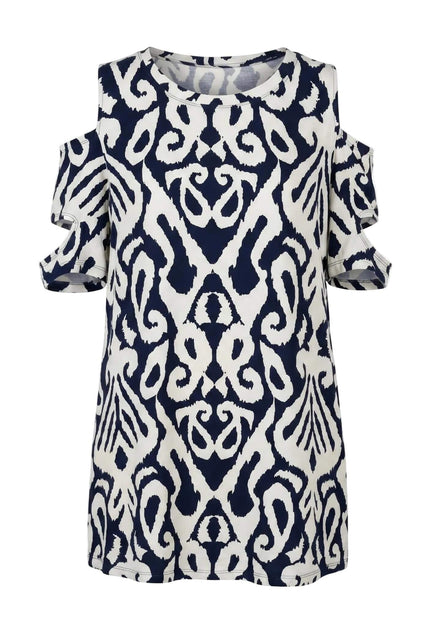 Μπεζ καλοκαιρινή τουνίκ με ανοιχτούς ώμους μεγάλα μεγέθη, με εντυπωσιακό μπλε γεωμετρικό print, μπροστινή όψη σε λευκό φόντο.