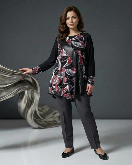 Официална разкроена макси туника с флорален принт и елемент от еко кожа, съчетана с панталон и представена в цял ръст.