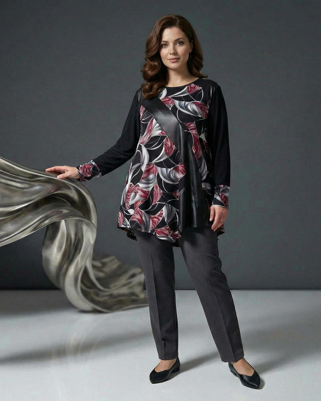 Официална разкроена макси туника с флорален принт и елемент от еко кожа, съчетана с панталон и представена в цял ръст.