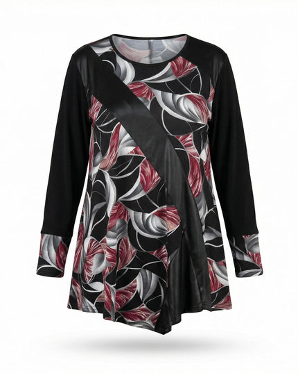 Официална разкроена макси туника с ефектен цветен принт в сиво и бордо и диагонална лента от еко кожа, представена на бял фон.