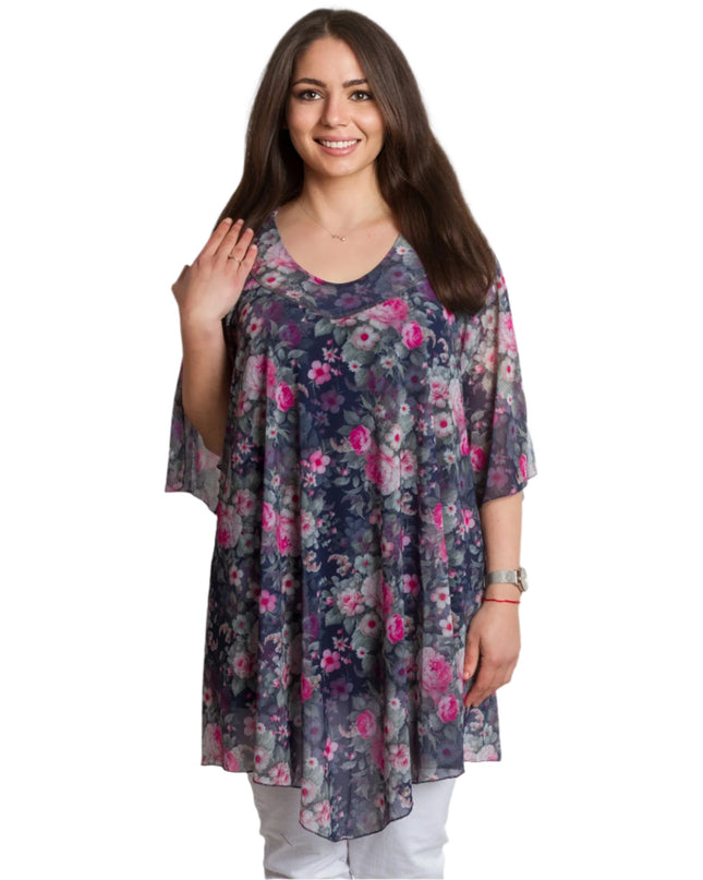 Официална шифонена туника с флорален десен и потник - Maxi Market
