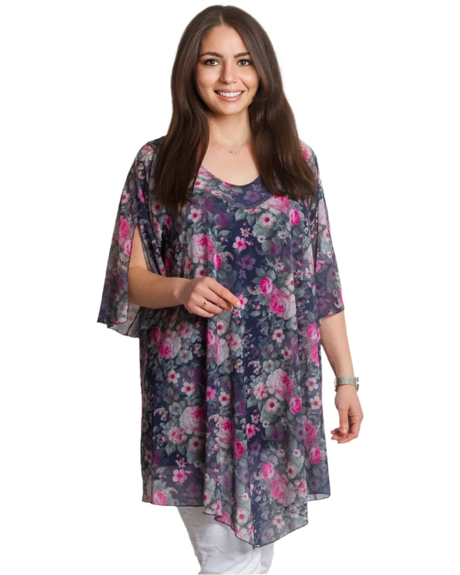 Официална шифонена туника с флорален десен и потник - Maxi Market