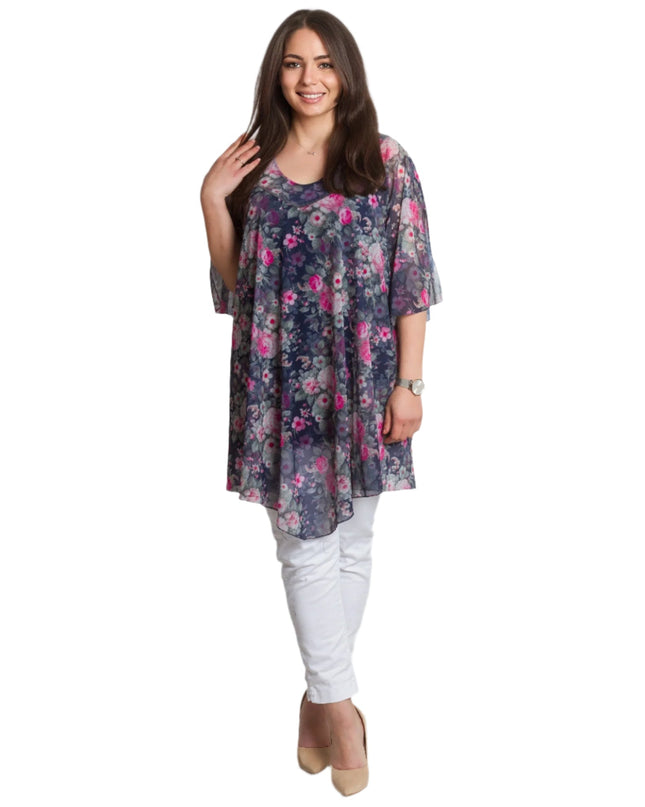 Официална шифонена туника с флорален десен и потник - Maxi Market