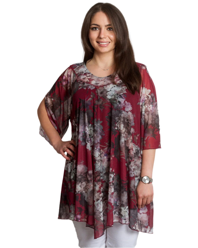 Официална шифонена туника в бордо с цветен десен и подплата - Maxi Market