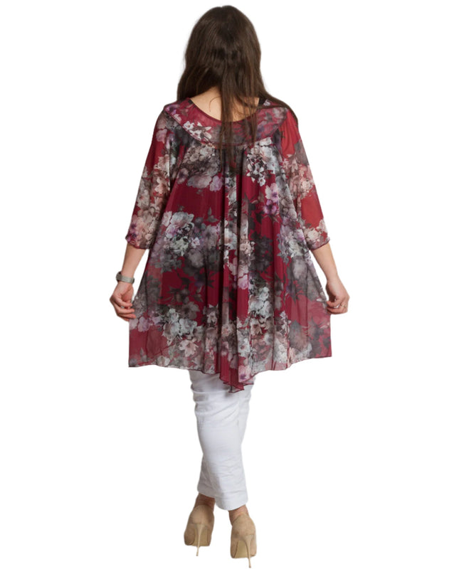 Официална шифонена туника в бордо с цветен десен и подплата - Maxi Market