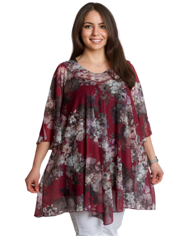 Официална шифонена туника в бордо с цветен десен и подплата - Maxi Market
