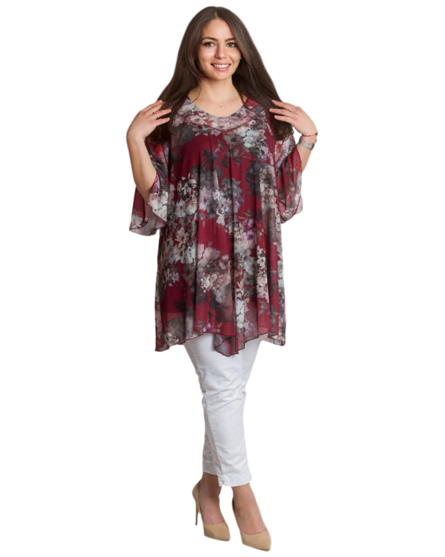 Официална шифонена туника в бордо с цветен десен и подплата - Maxi Market