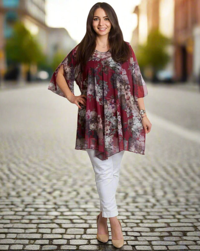 Официална шифонена туника в бордо с цветен десен и подплата - Maxi Market