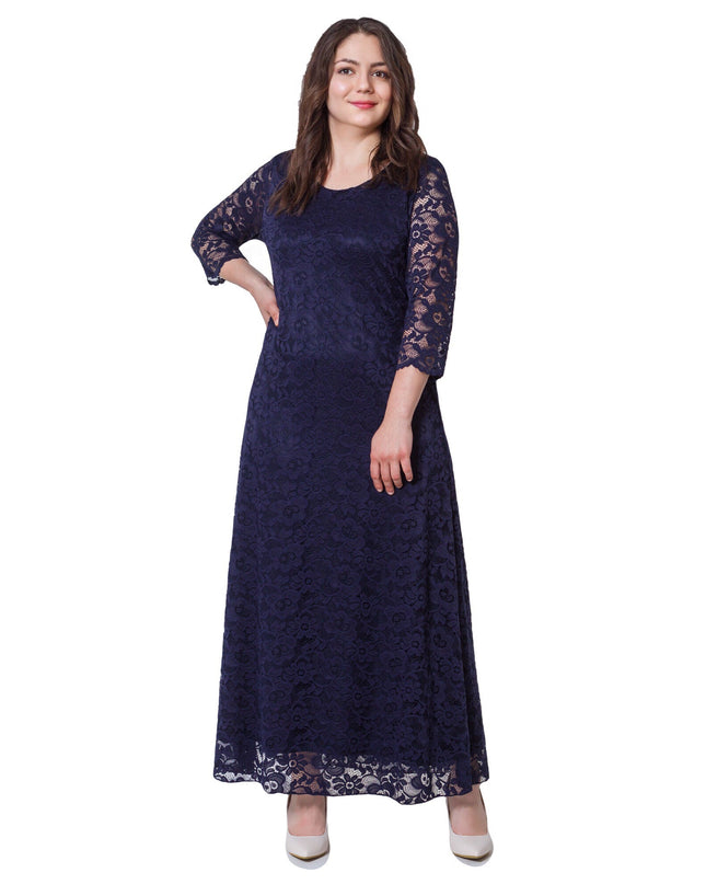 Κομψό Σκούρο Μπλε Φόρεμα Plus-Size - Επίσημο - Στρογγυλή Λαιμόκοψη - Μακρύ - Άνοιξη-Καλοκαίρι