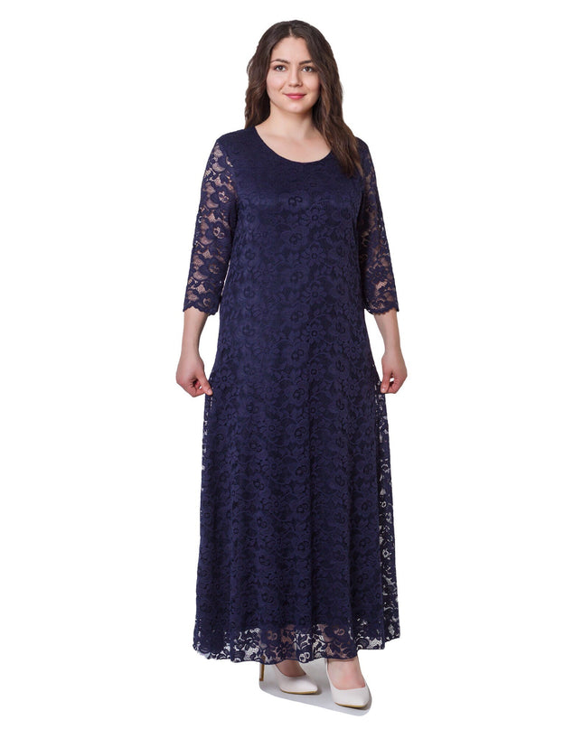 Κομψό Σκούρο Μπλε Φόρεμα Plus-Size - Επίσημο - Στρογγυλή Λαιμόκοψη - Μακρύ - Άνοιξη-Καλοκαίρι