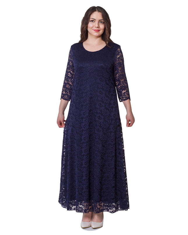 Κομψό Σκούρο Μπλε Φόρεμα Plus-Size - Επίσημο - Στρογγυλή Λαιμόκοψη - Μακρύ - Άνοιξη-Καλοκαίρι