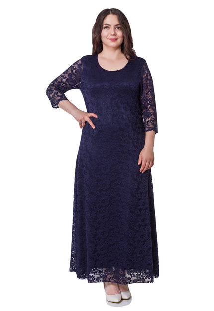 Κομψό Σκούρο Μπλε Φόρεμα Plus-Size - Επίσημο - Στρογγυλή Λαιμόκοψη - Μακρύ - Άνοιξη-Καλοκαίρι