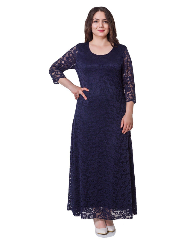 Κομψό Σκούρο Μπλε Φόρεμα Plus-Size - Επίσημο - Στρογγυλή Λαιμόκοψη - Μακρύ - Άνοιξη-Καλοκαίρι