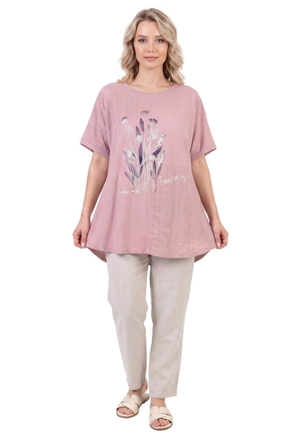 Ροζ καλοκαιρινή τουνίκ μεγάλα μεγέθη με δαντέλα και φλοράλ μοτίβα