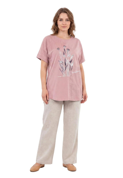 Ροζ καλοκαιρινή τουνίκ μεγάλα μεγέθη με δαντέλα και φλοράλ μοτίβα