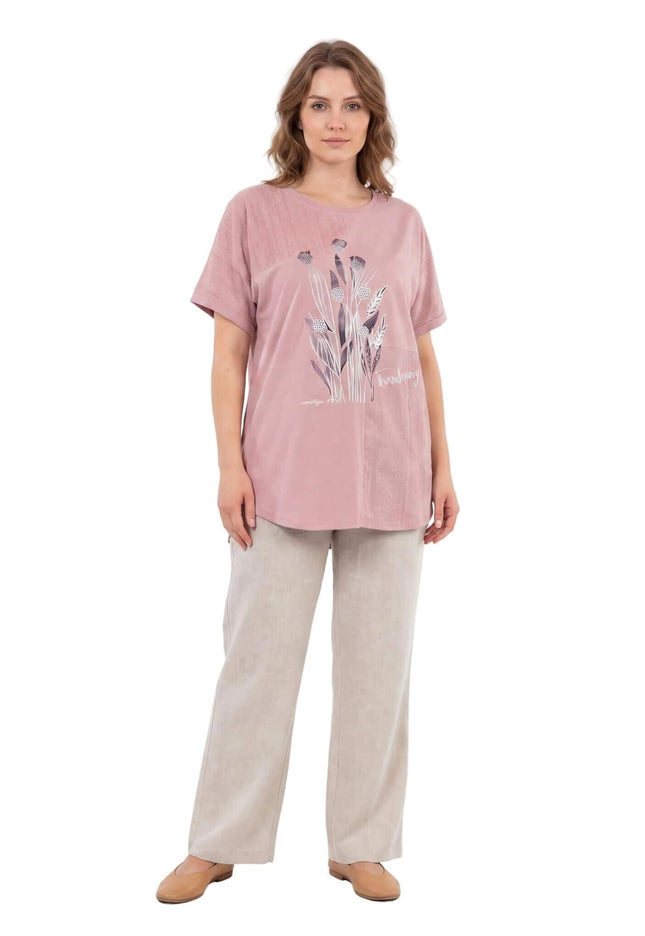 Ροζ καλοκαιρινή τουνίκ μεγάλα μεγέθη με δαντέλα και φλοράλ μοτίβα