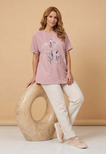 Ροζ καλοκαιρινή τουνίκ μεγάλα μεγέθη με δαντέλα και φλοράλ μοτίβα