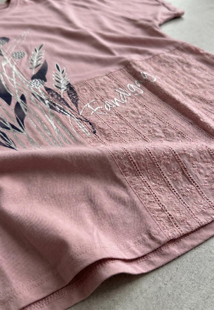 Ροζ καλοκαιρινή τουνίκ μεγάλα μεγέθη με δαντέλα και φλοράλ μοτίβα