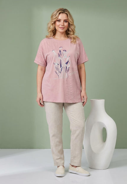 Ροζ καλοκαιρινή τουνίκ μεγάλα μεγέθη με δαντέλα και φλοράλ μοτίβα