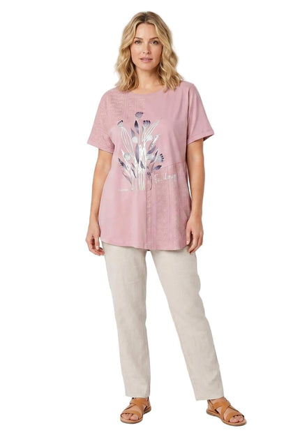 Ροζ καλοκαιρινή τουνίκ μεγάλα μεγέθη με δαντέλα και φλοράλ μοτίβα