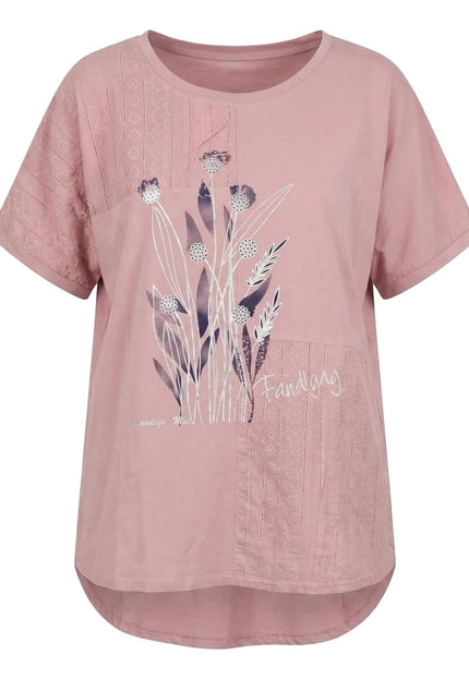 Ροζ καλοκαιρινή τουνίκ μεγάλα μεγέθη με δαντέλα και φλοράλ μοτίβα