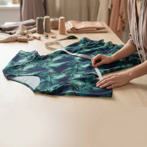 Χέρια σχεδιάστριας μετρούν ύφασμα πάνω σε τραπέζι ραπτικής σε στούντιο εργασίας