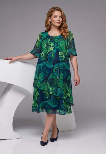 Σκούρο μπλε επίσημο φόρεμα μεγάλα μεγέθη με ασύμμετρο σιφόν