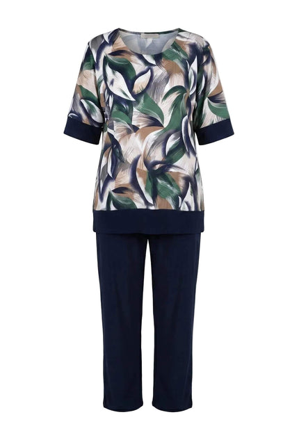 Σκούρο μπλε γυναικείο σετ plus size τουνίκ με print και παντελόνι, σε λευκό φόντο.