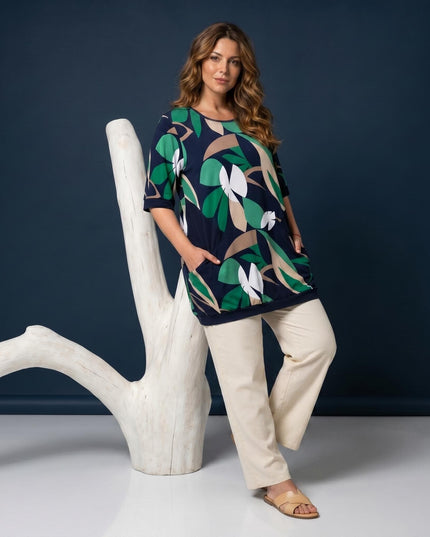 Σκούρο μπλε ριχτή καλοκαιρινή τουνίκ με τσέπες σε μεγάλα μεγέθη