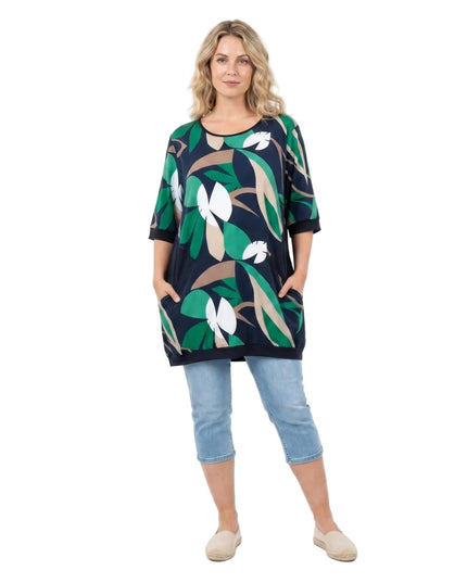 Σκούρο μπλε ριχτή καλοκαιρινή τουνίκ με τσέπες σε μεγάλα μεγέθη