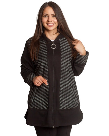 Стилен жакет в големи размери с качулка и декоративни райета - Maxi Market