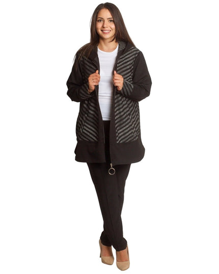 Стилен жакет в големи размери с качулка и декоративни райета - Maxi Market