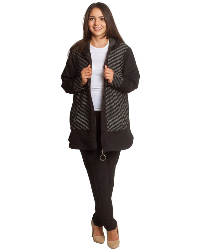 Стилен жакет в големи размери с качулка и декоративни райета - Maxi Market