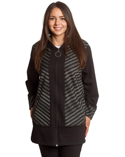 Стилен жакет в големи размери с качулка и декоративни райета - Maxi Market