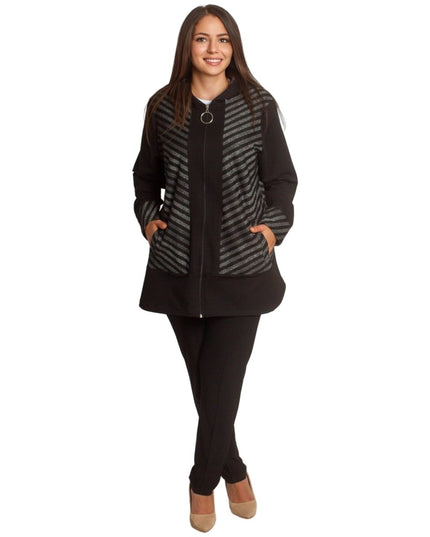 Стилен жакет в големи размери с качулка и декоративни райета - Maxi Market