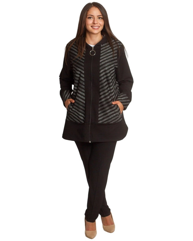 Стилен жакет в големи размери с качулка и декоративни райета - Maxi Market