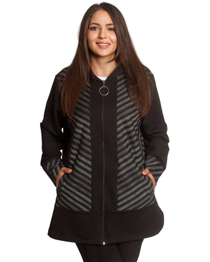 Стилен жакет в големи размери с качулка и декоративни райета - Maxi Market