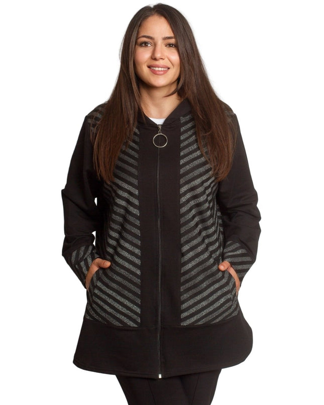 Стилен жакет в големи размери с качулка и декоративни райета - Maxi Market