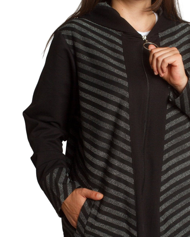 Стилен жакет в големи размери с качулка и декоративни райета - Maxi Market