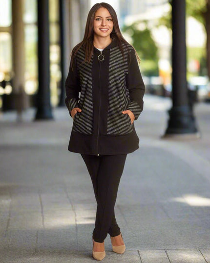 Стилен жакет в големи размери с качулка и декоративни райета - Maxi Market