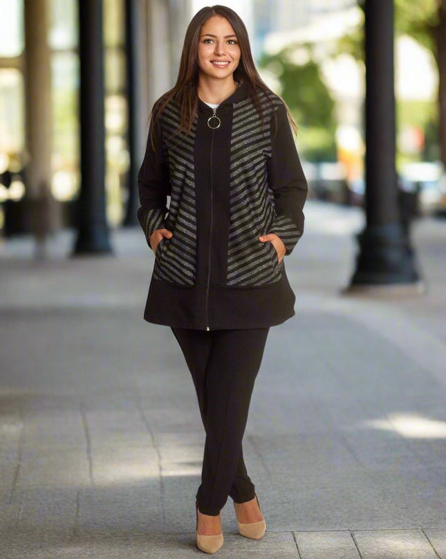 Стилен жакет в големи размери с качулка и декоративни райета - Maxi Market