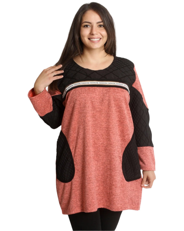 Стилна коралова туника с джобчета и обло деколте - Maxi Market