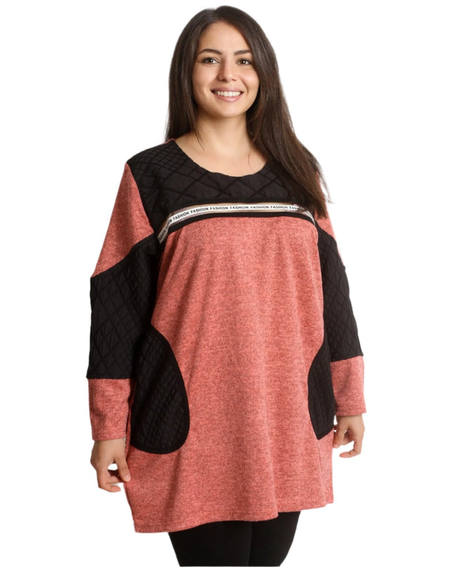 Стилна коралова туника с джобчета и обло деколте - Maxi Market