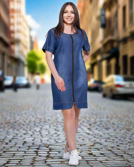 Φόρεμα Denim Σκούρο Μπλε - Επίσημο Με Τσέπες - Στρογγυλή Λαιμόκοψη - Άνοιξη-Καλοκαίρι