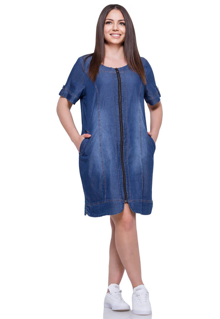 Φόρεμα Denim Σκούρο Μπλε - Επίσημο Με Τσέπες - Στρογγυλή Λαιμόκοψη - Άνοιξη-Καλοκαίρι